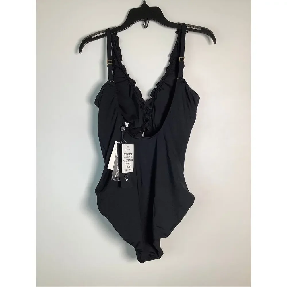 La Blanca Womens 6 Black Island Goddess Ruffle V Plunge One Piece Swimsuit C22-3